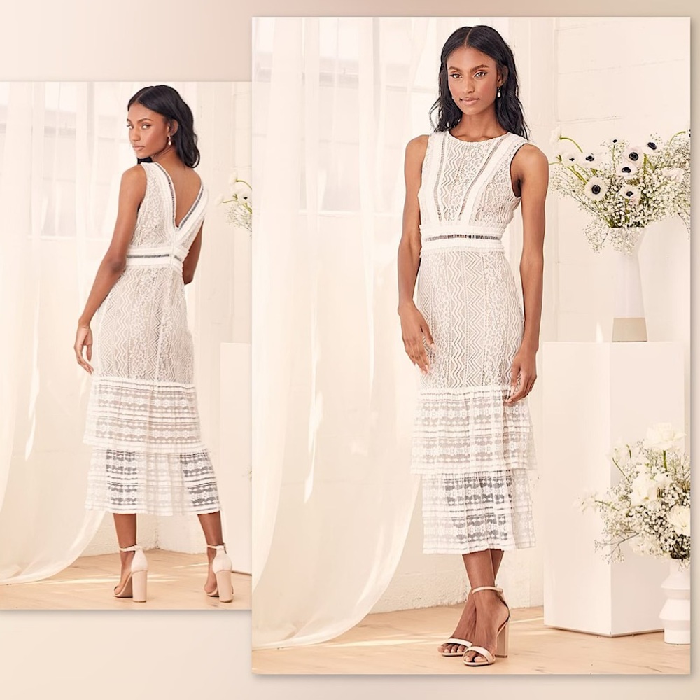 🕊️Garden Soirée White Lace Sleeveless Tiered Midi Dress, M, NWT✨